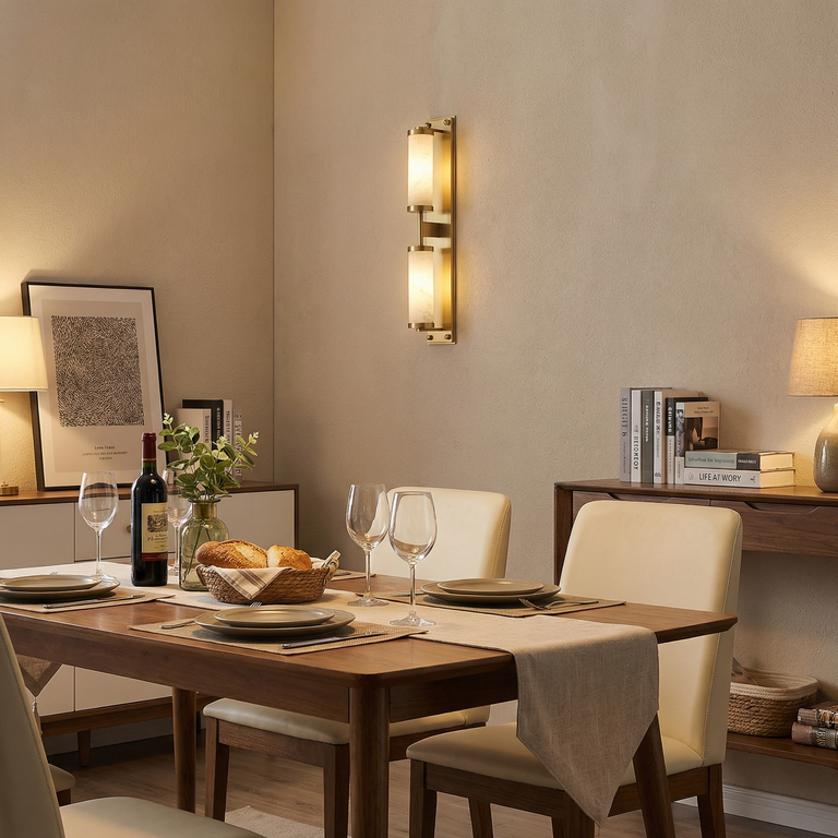 Cylinder Arm Tall Stacked Alabaster Brass Wall Sconce by Dalmivik, product or room detail view