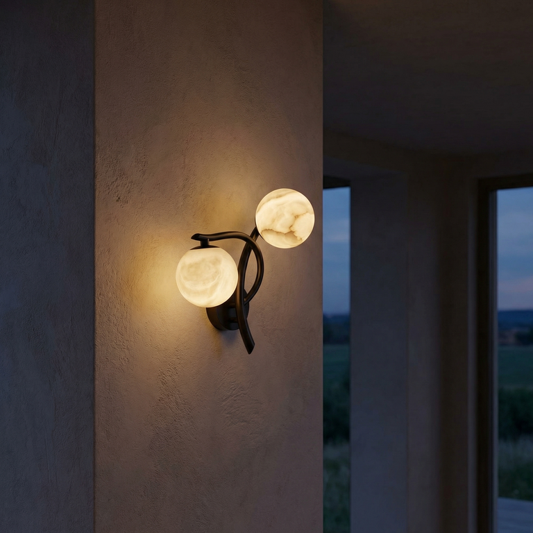 Branch Curved Duo Alabaster Wall Sconce by Dalmivik, complete fixture view
