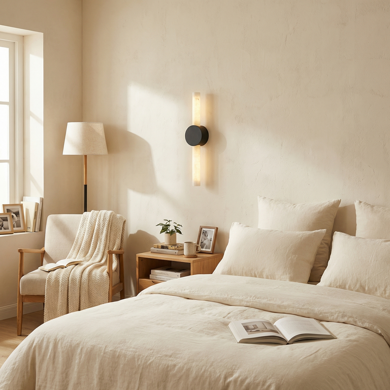 Linear Rod Double Ended Alabaster Wall Sconce by Dalmivik, product or room detail view