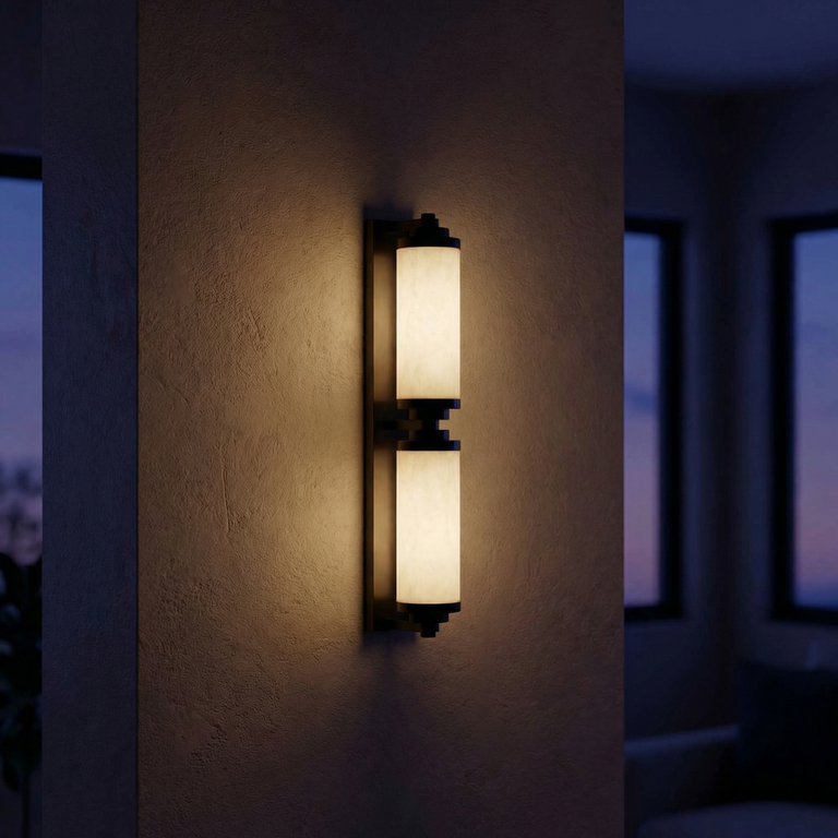 Cylinder Arm Stacked Alabaster Black Wall Sconce by Dalmivik, complete fixture view