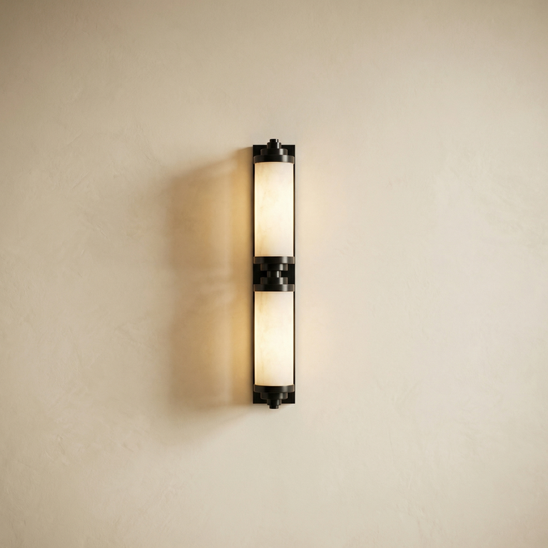 Cylinder Arm Stacked Alabaster Black Wall Sconce by Dalmivik, complete fixture view