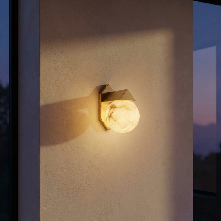 Geo Crystal Orb & Wedge Alabaster Wall Sconce by Dalmivik, complete fixture view