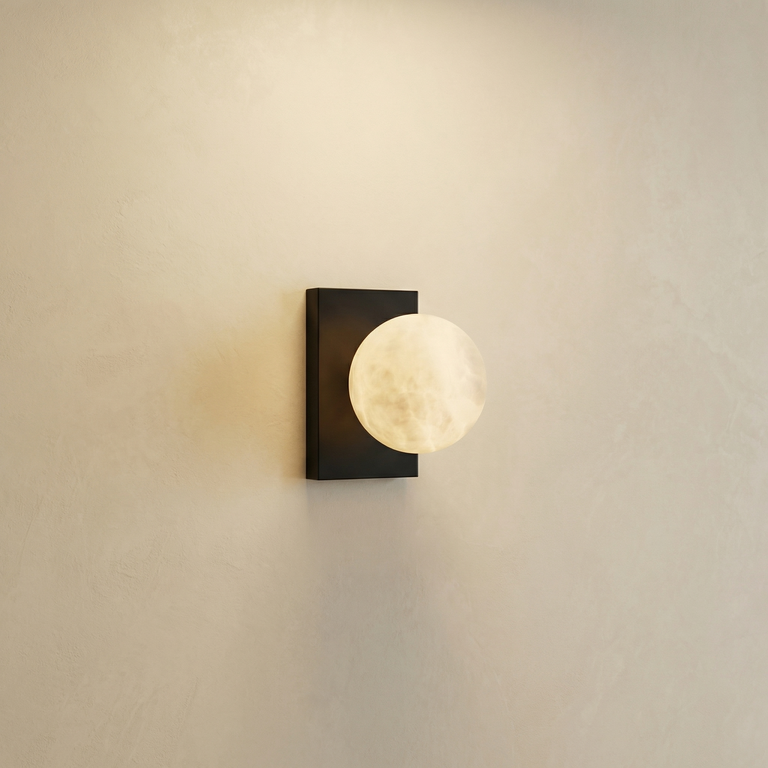 Rectangular Plate Side Orb Alabaster Wall Sconce by Dalmivik, complete fixture view