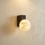 Rectangular Plate Corner Orb Alabaster Wall Sconce by Dalmivik, complete fixture view