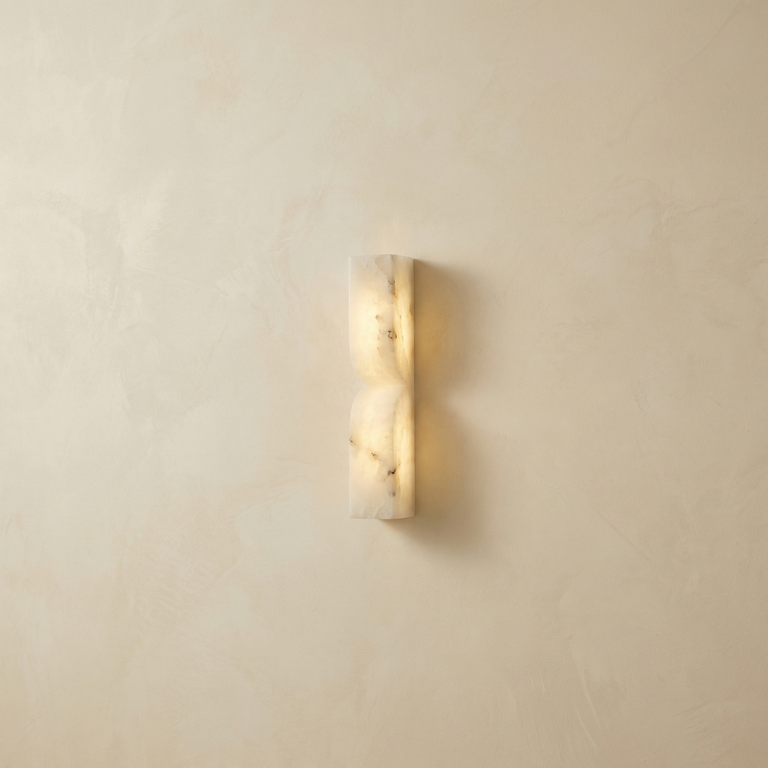 Sculpted Form Raw Stone Pillar Alabaster Wall Sconce by Dalmivik, complete fixture view