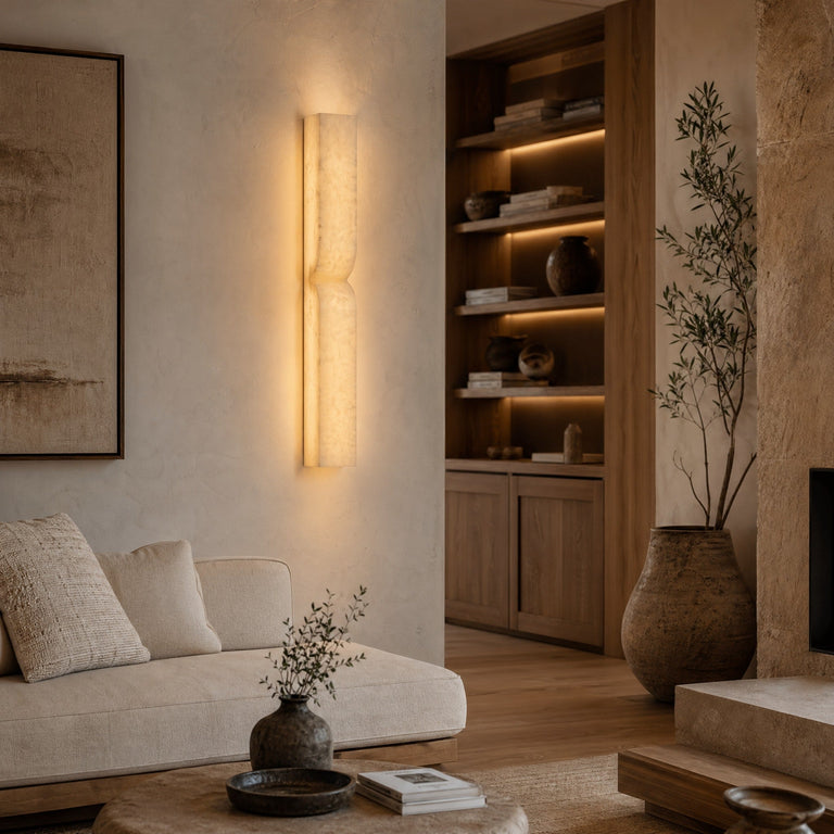 Sculpted Form Raw Stone Pillar Alabaster Wall Sconce by Dalmivik, product or room detail view