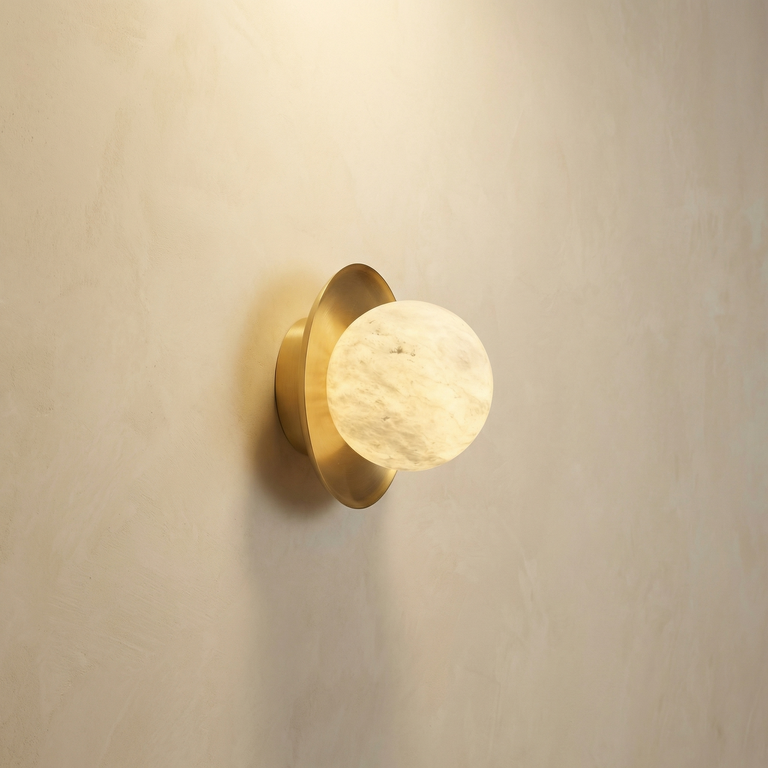 Eclipse Orb Curved Brass Disc Alabaster Wall Sconce by Dalmivik, complete fixture view