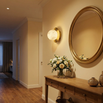Eclipse Orb Curved Brass Disc Alabaster Wall Sconce by Dalmivik, product or room detail view