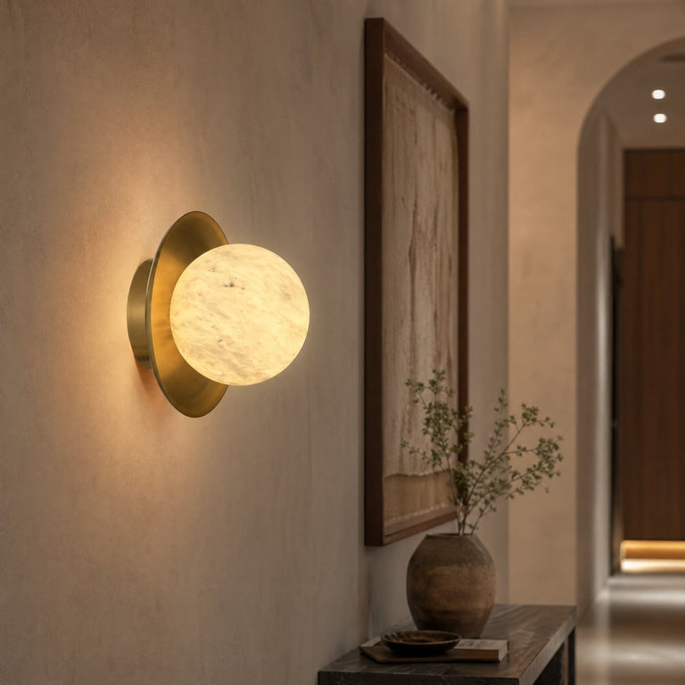 Eclipse Orb Curved Brass Disc Alabaster Wall Sconce by Dalmivik, product or room detail view