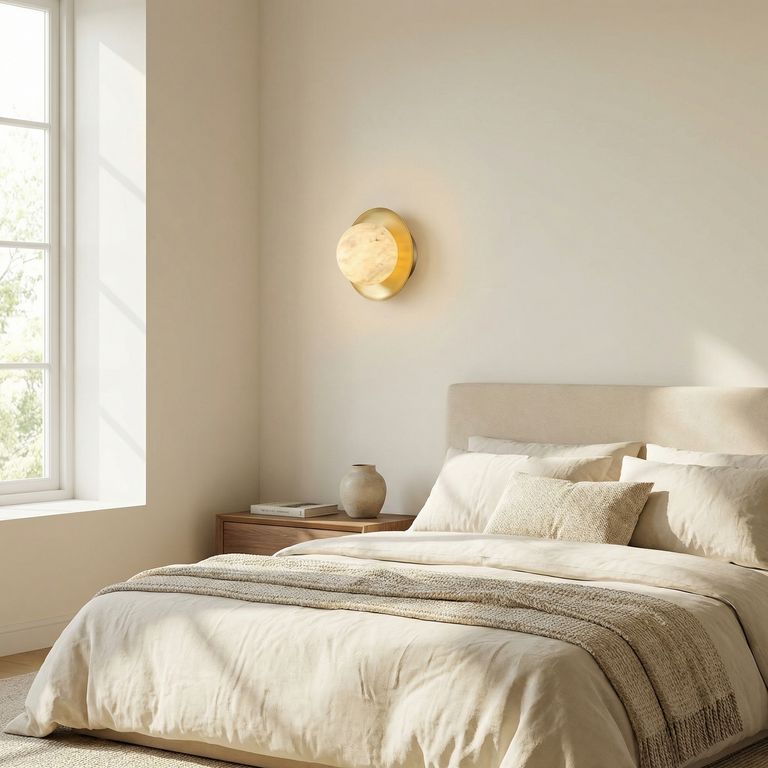 Eclipse Orb Curved Brass Disc Alabaster Wall Sconce by Dalmivik, product or room detail view