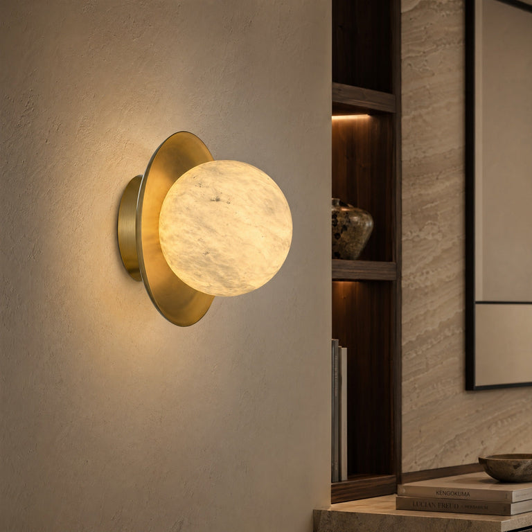 Eclipse Orb Curved Brass Disc Alabaster Wall Sconce by Dalmivik, product or room detail view