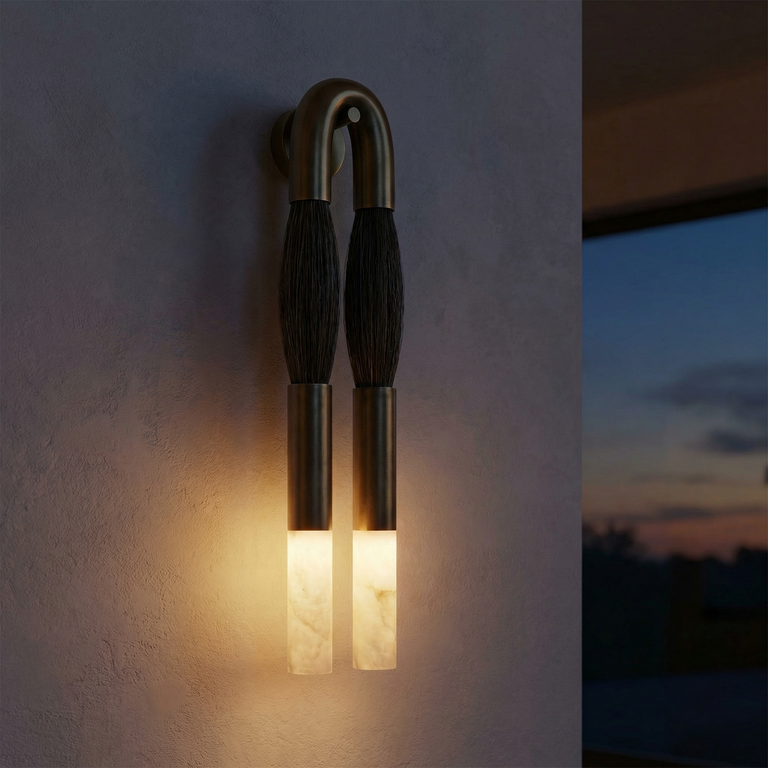 Pillar Light Ink Brush Alabaster Twin Wall Sconce by Dalmivik, complete fixture view