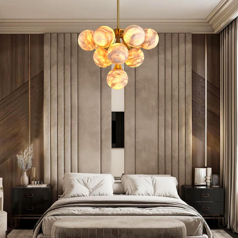Modern Round Alabaster Chandelier by Dalmivik, complete fixture view