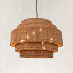 Natural woven drum chandelier fixture detail.