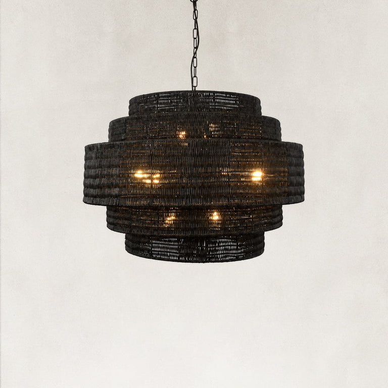 Black woven drum chandelier fixture detail.