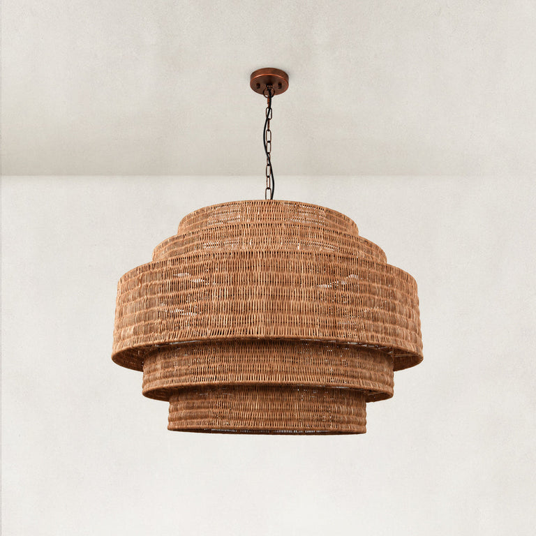 Natural woven drum chandelier fixture detail.