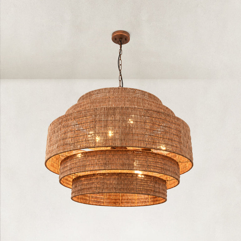 Natural woven drum chandelier fixture detail.