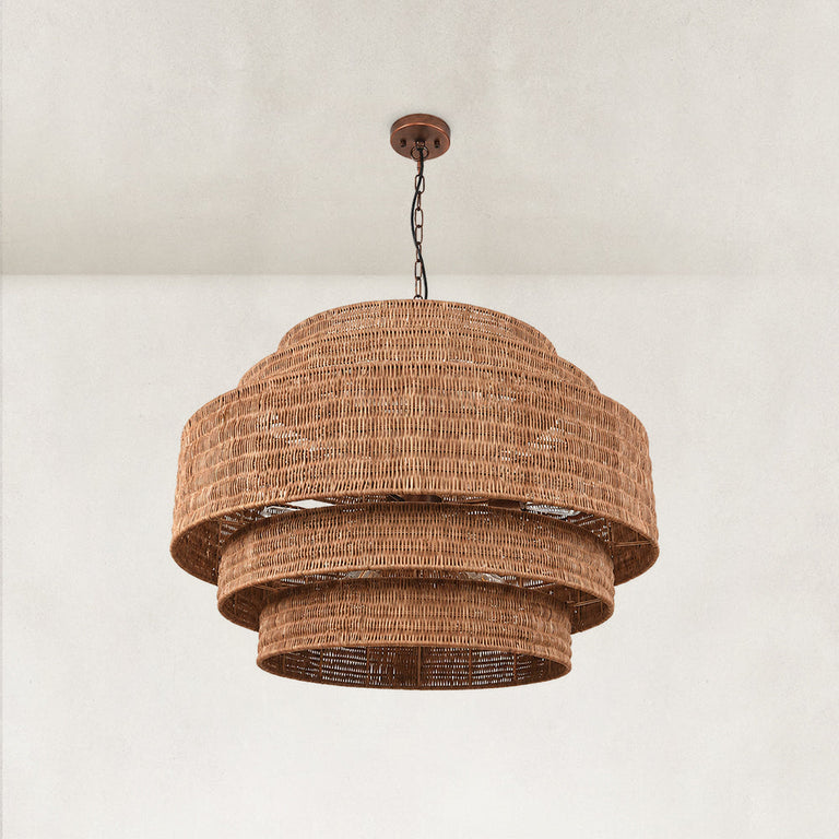 Natural woven drum chandelier fixture detail.