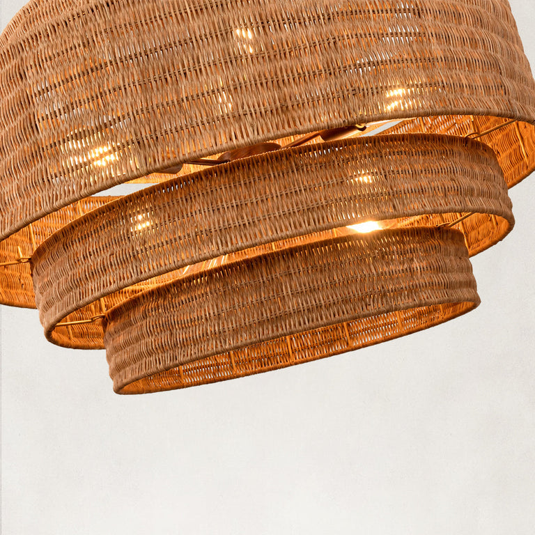 Natural woven drum chandelier fixture detail.