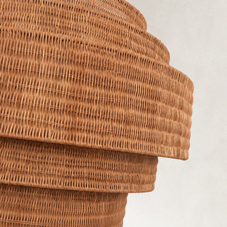 Natural woven drum chandelier fixture detail.