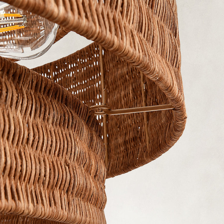 Natural woven drum chandelier fixture detail.