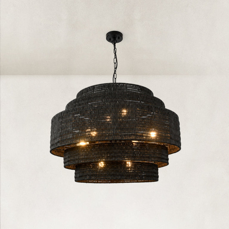 Black woven drum chandelier fixture detail.