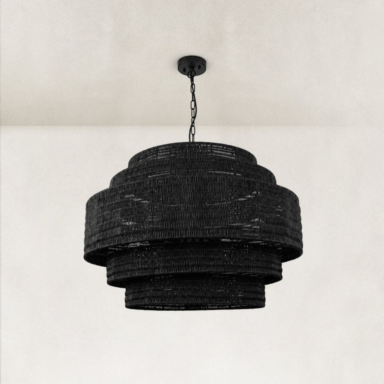 Black woven drum chandelier fixture detail.