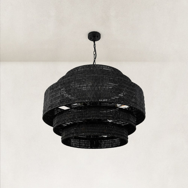Natural Rattan Drum Chandelier in Matte Black - alternate angle