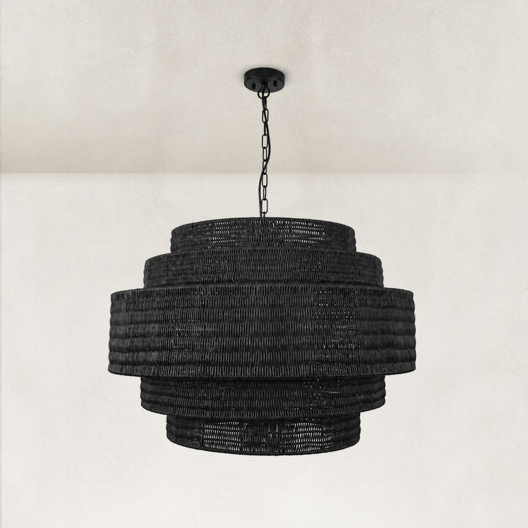 Natural Rattan Drum Chandelier in Matte Black - complete fixture