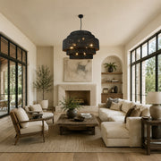 Natural Rattan Drum Chandelier in Matte Black - room setting