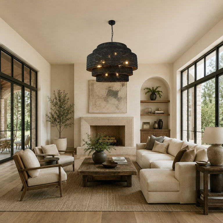 Natural Rattan Drum Chandelier in Matte Black - room setting