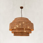 Natural Rattan Drum Chandelier in Natural Brown - complete fixture