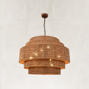 Natural Rattan Drum Chandelier in Natural Brown - complete fixture