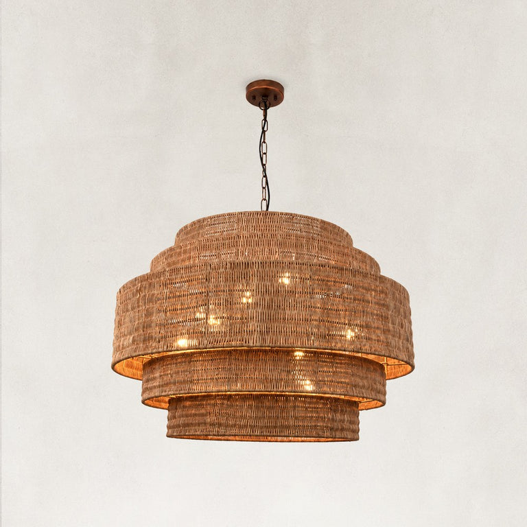 Natural Rattan Drum Chandelier in Natural Brown - complete fixture