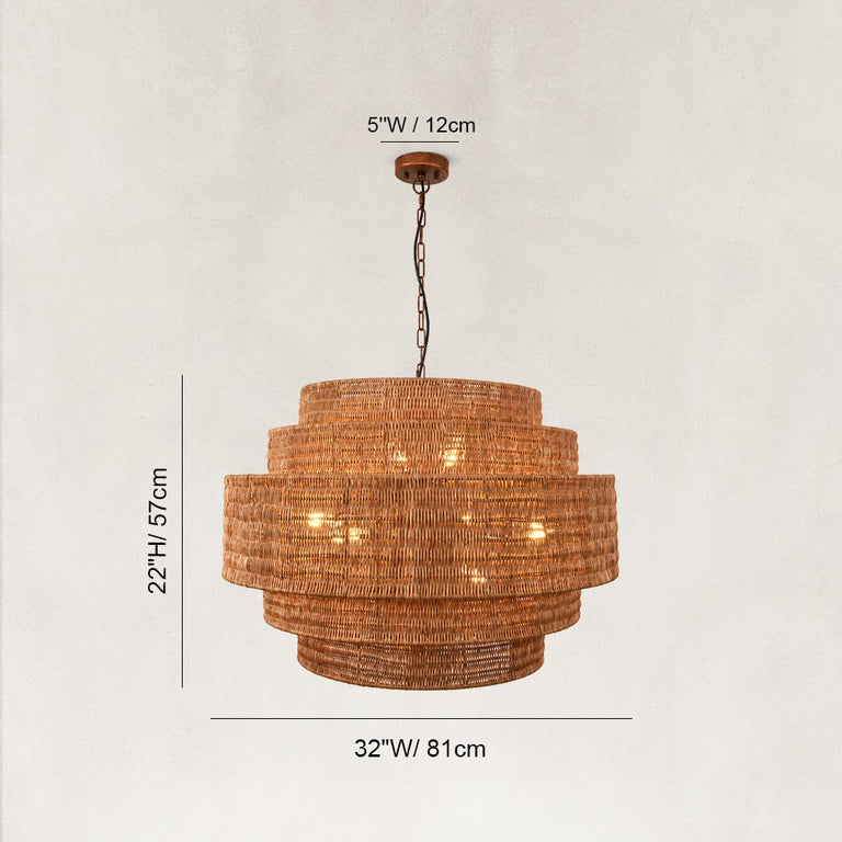Natural Rattan Drum Chandelier in Natural Brown - dimension diagram