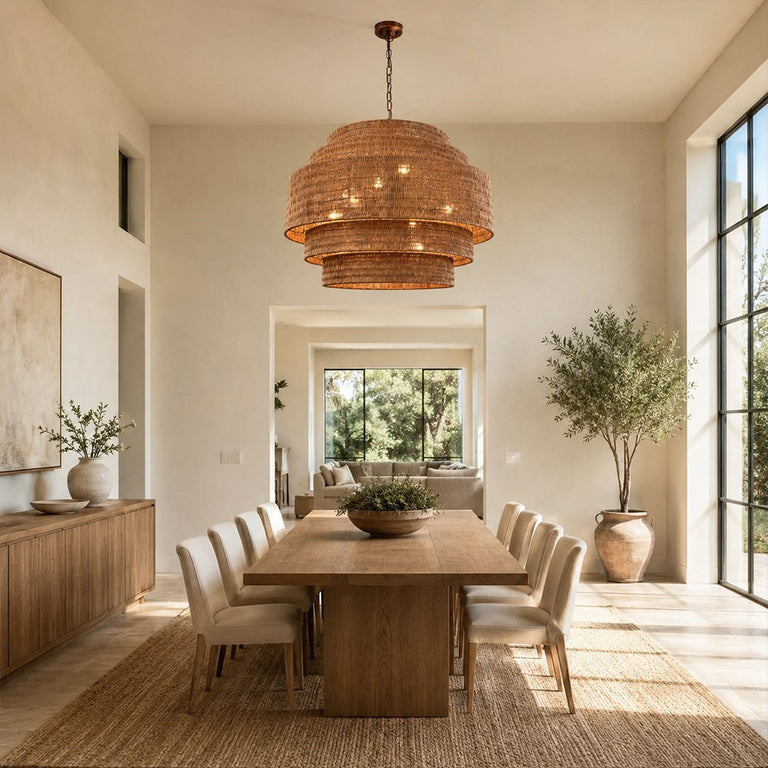 Natural Rattan Drum Chandelier in Natural Brown - room setting