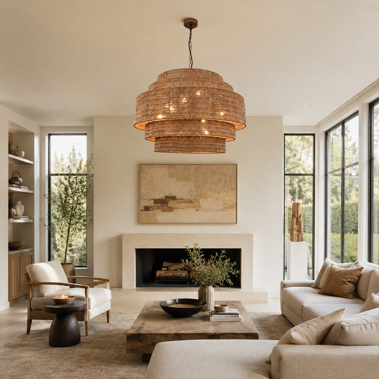 Natural woven drum chandelier room scene.