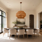 Natural woven drum chandelier room scene.