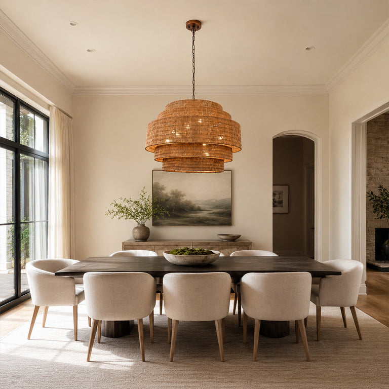 Natural woven drum chandelier room scene.