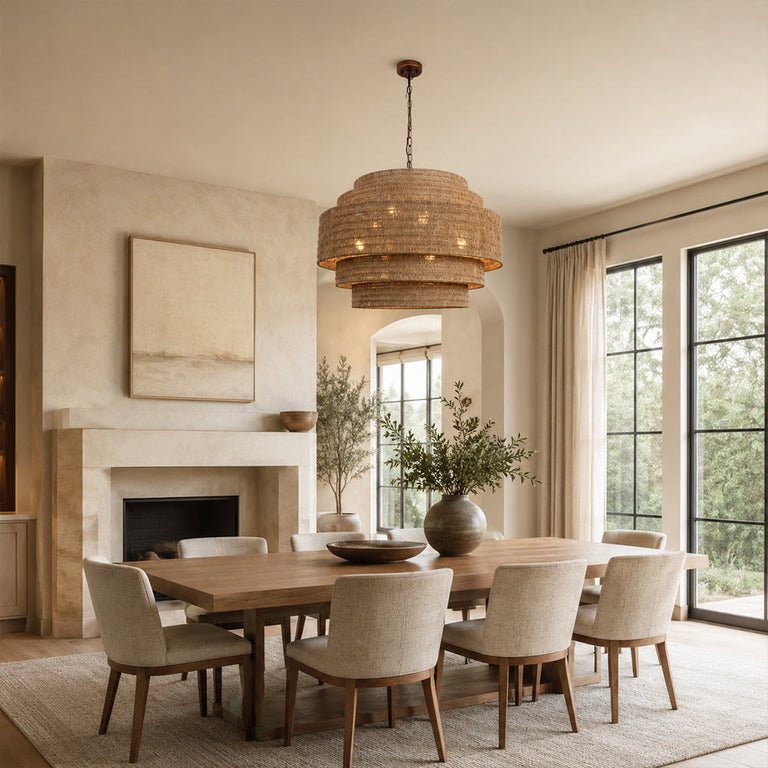 Natural woven drum chandelier room scene.