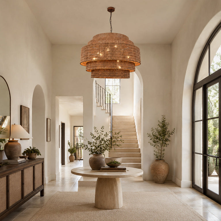 Natural woven drum chandelier room scene.