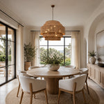 Natural woven drum chandelier room scene.