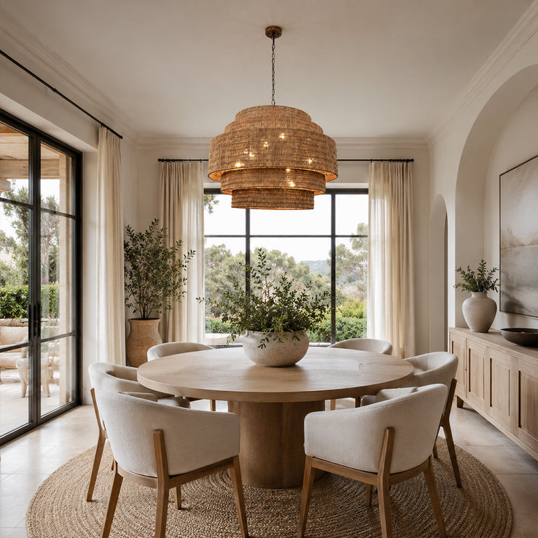 Natural woven drum chandelier room scene.