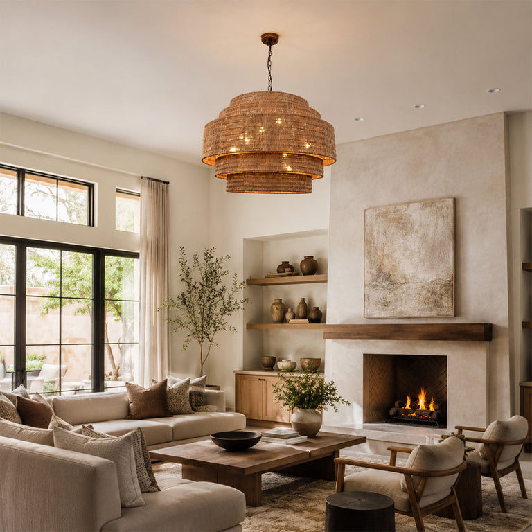 Natural woven drum chandelier room scene.