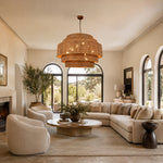 Natural woven drum chandelier room scene.