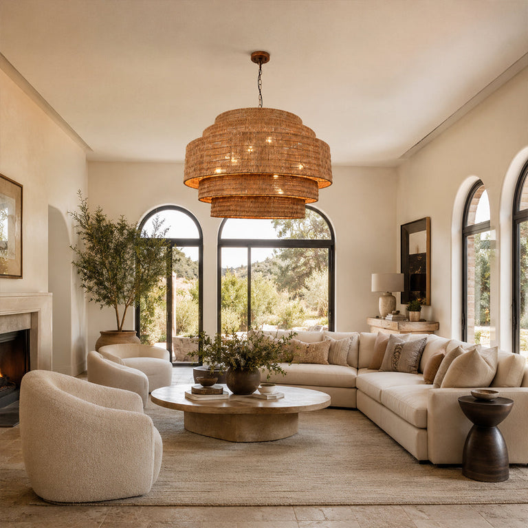 Natural woven drum chandelier room scene.