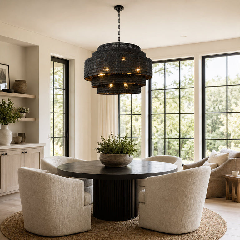 Black woven drum chandelier room scene.