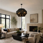 Black woven drum chandelier room scene.