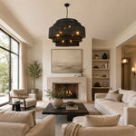 Black woven drum chandelier room scene.