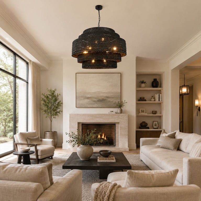 Black woven drum chandelier room scene.